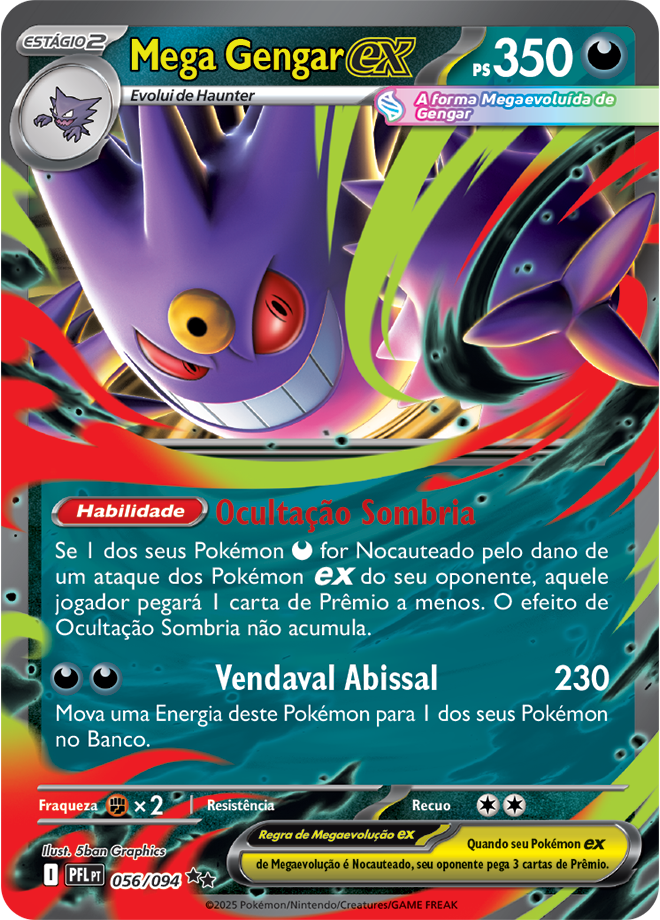 Carta Mega Gengar ex: 350 HP, habilidade Ocultação Sombria, ataque Vendaval Abissal 230. Pokémon TCG Megaevolução Fogo Fantasmagórico